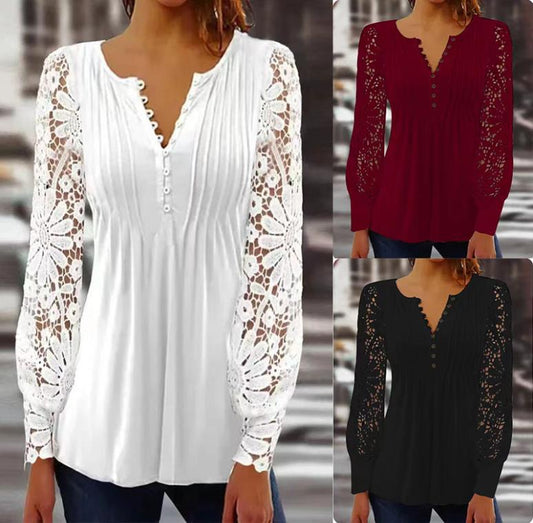 【🔥Oferta ograniczona czasowo🔥】【S-3XL:40-80KG】Nowy koronkowy V-neck long-sleeved top nie jest łatwy do pill, miękkie i nie przebić skórę, wszechstronny i smukły
